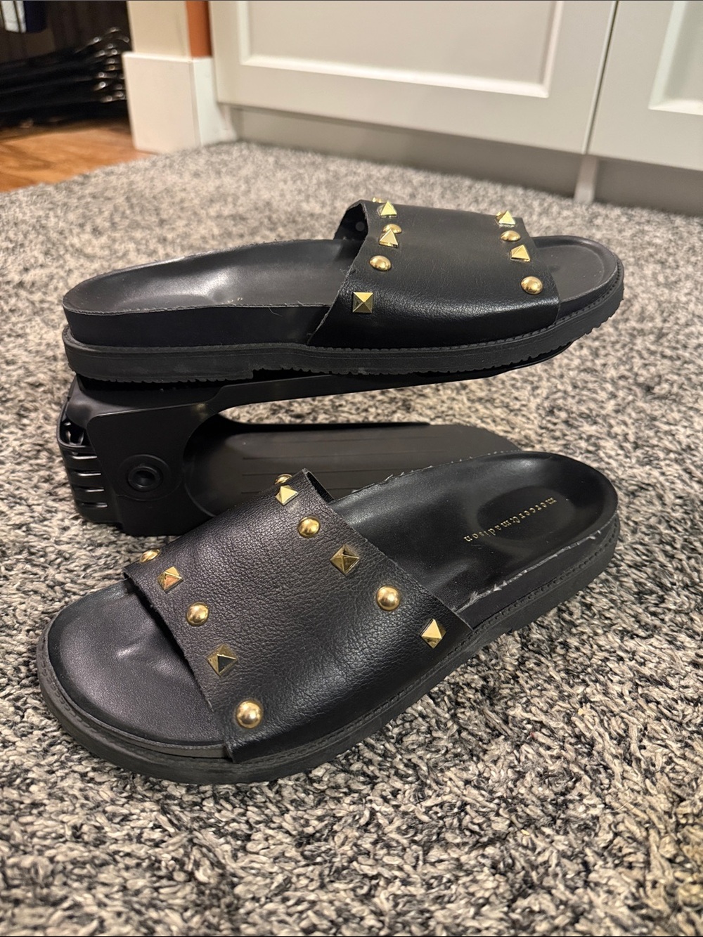 mercer & madison Black Slide Sandals with Gold Studs